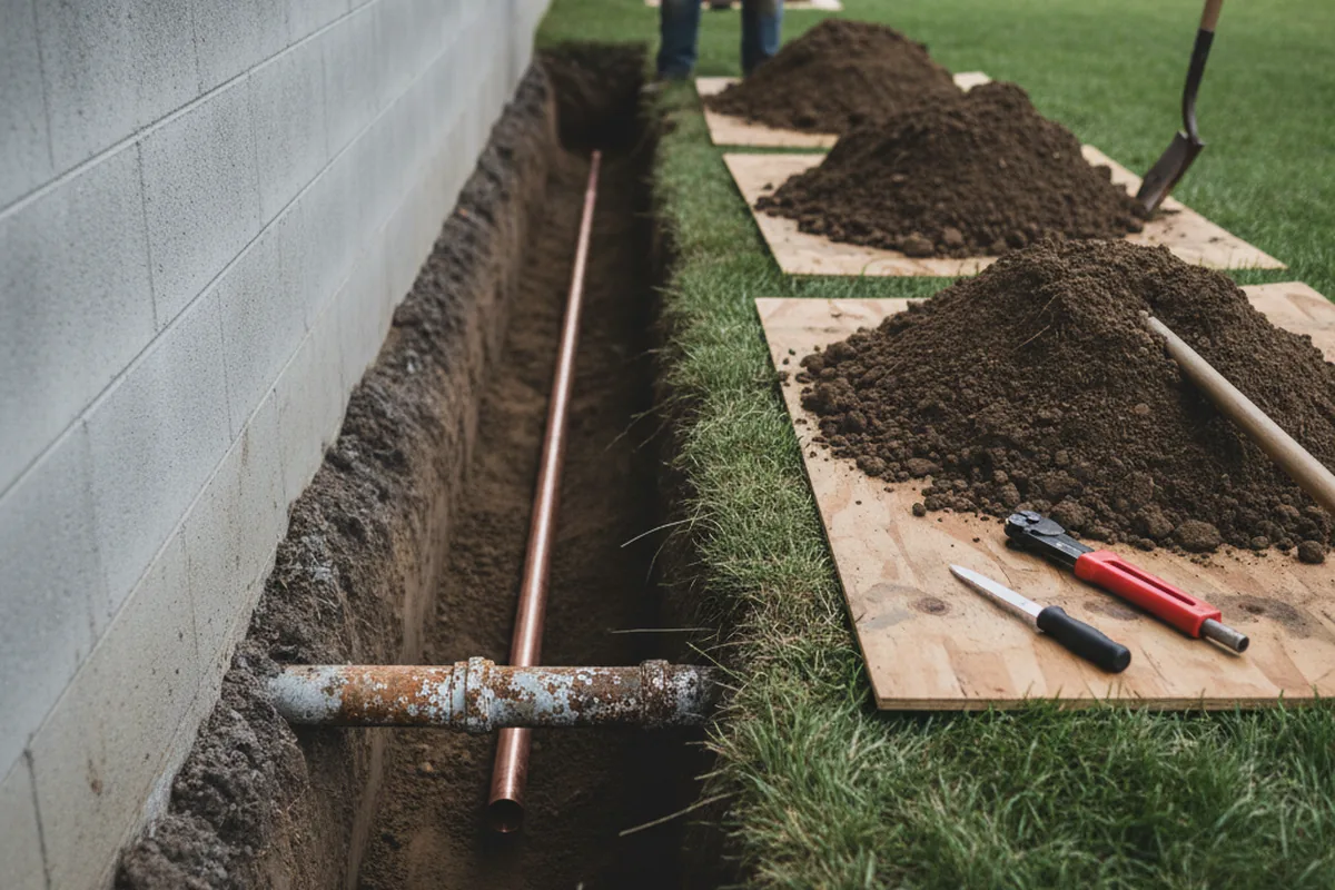 Excavated water line trench during Water Softener Installation in Kingwood